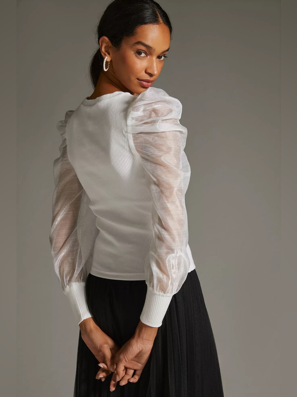 Dolan Collection White Ribbed Knit Sheer Organza Puff Sleeve Top XS